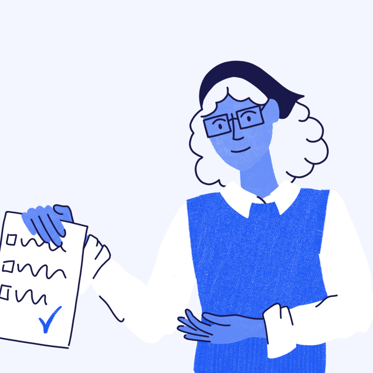 Illustration of a lady wearing a blue jumper and glasses holding up a list of actions with a blue tick next to them