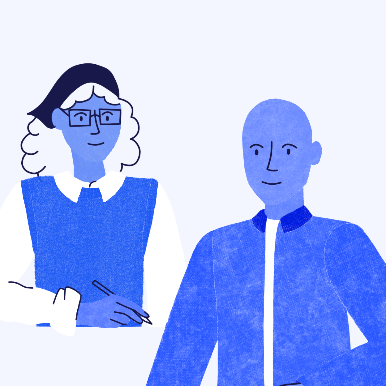 Illustration of a lady wearing a blue jumper and glasses speaking with a man, whilst taking notes