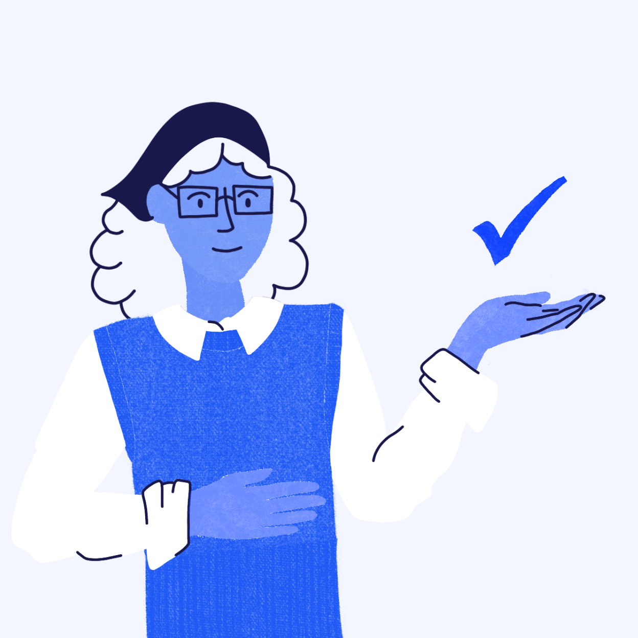 Illustration of a lady wearing a blue jumper and glasses with her hand raised, a checkmark hovers above